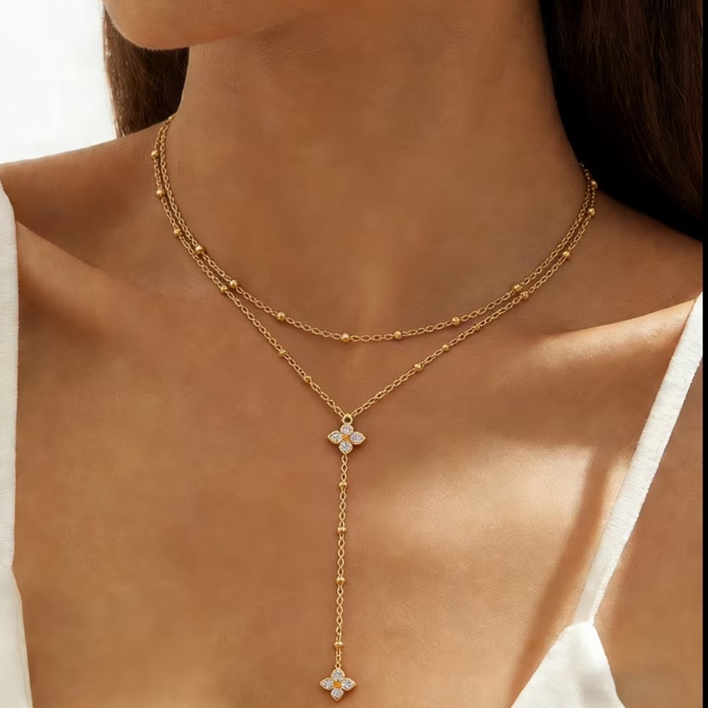 Gold Clover Y Necklace Stainless Steel Layered CZ Drop Necklace Dainty Jewelry